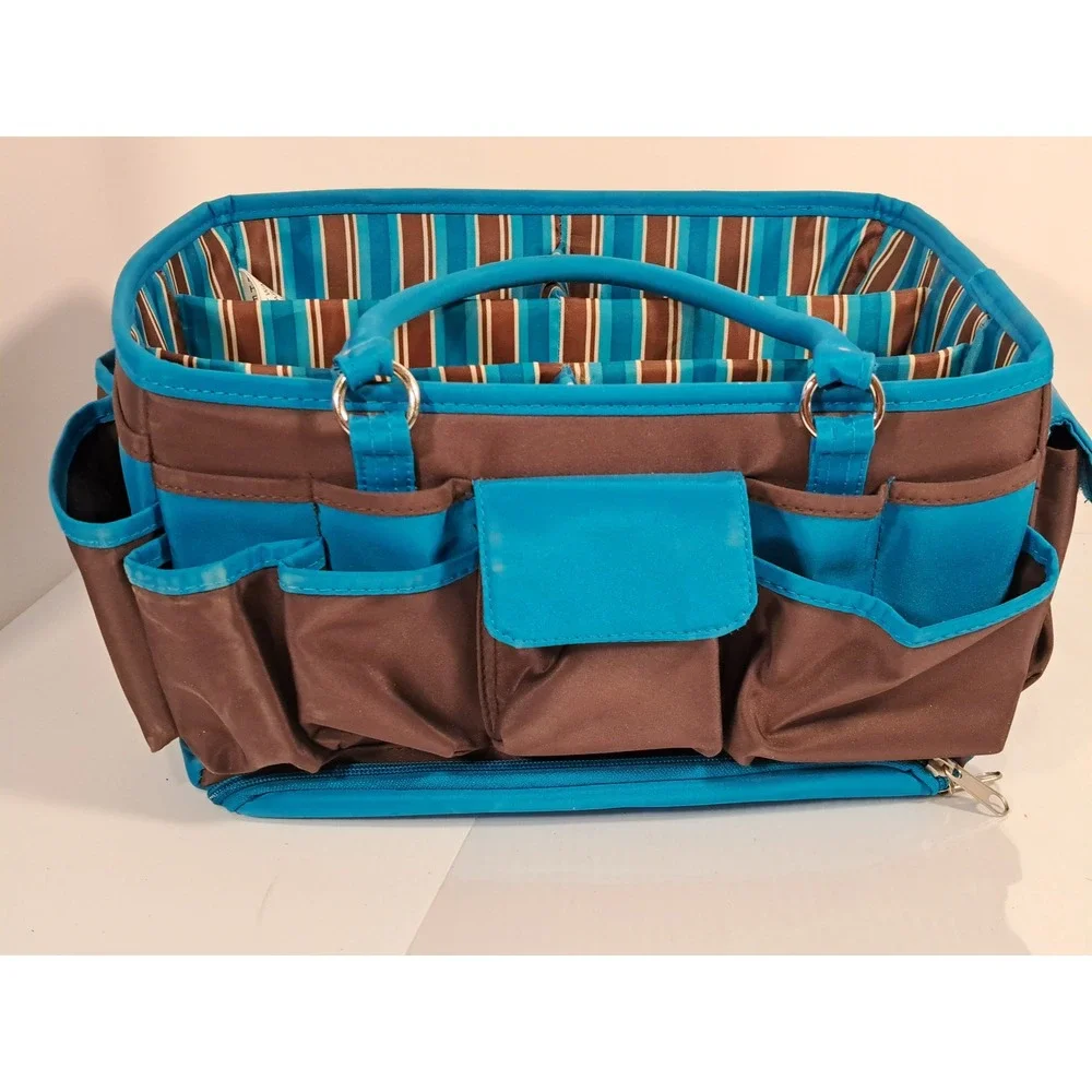 Brown and Teal Blue Multi Pocket Craft Caddy Organizer with Bottom Tray Storage